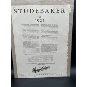 Vintage‎ 1922 Studebaker Ad Light-Six Special-Six Big-Six South Bend Indiana